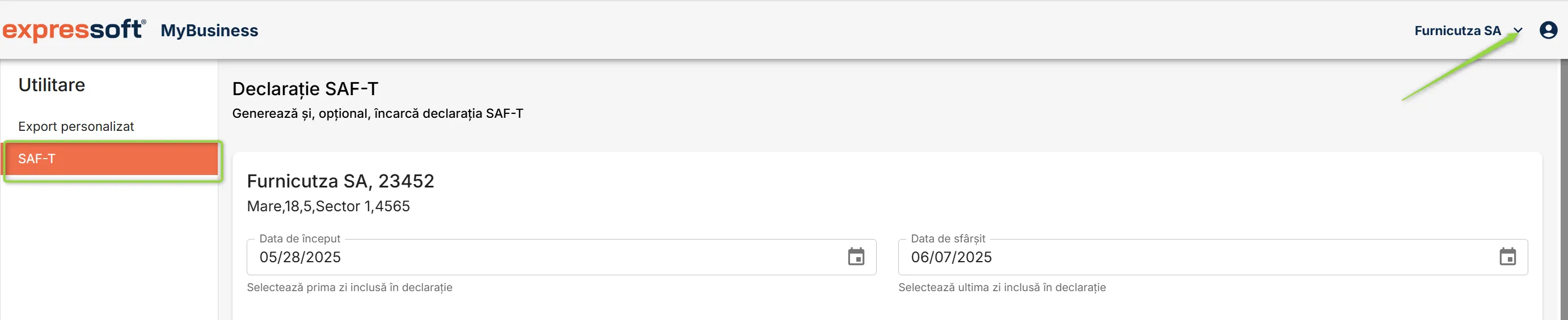 Pagina Declarație SAF-T