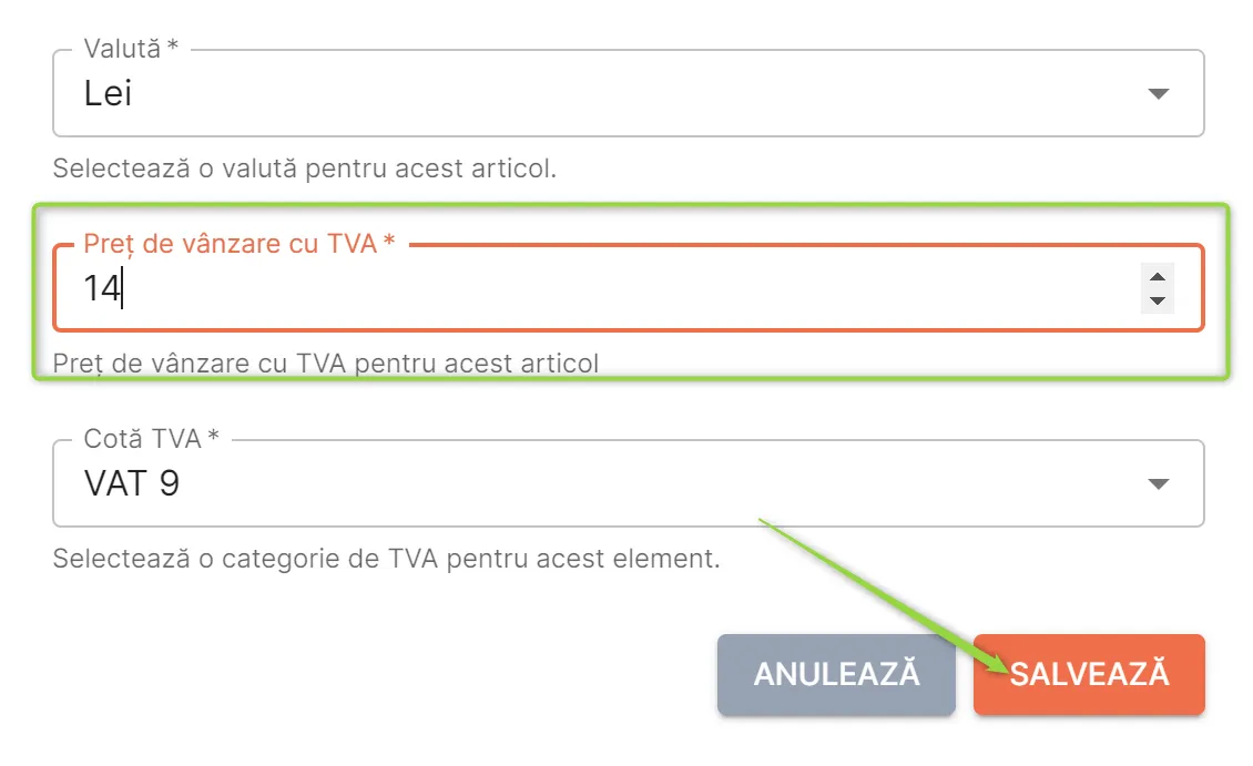 Introdu prețul de vânzare