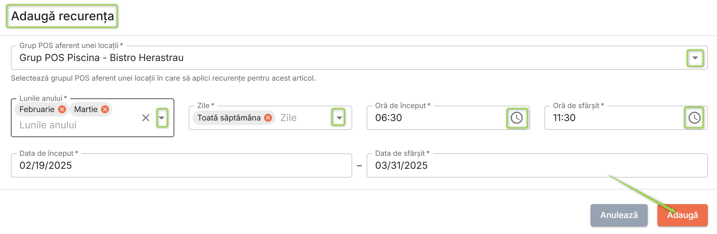Setează recurența Setează recurența
