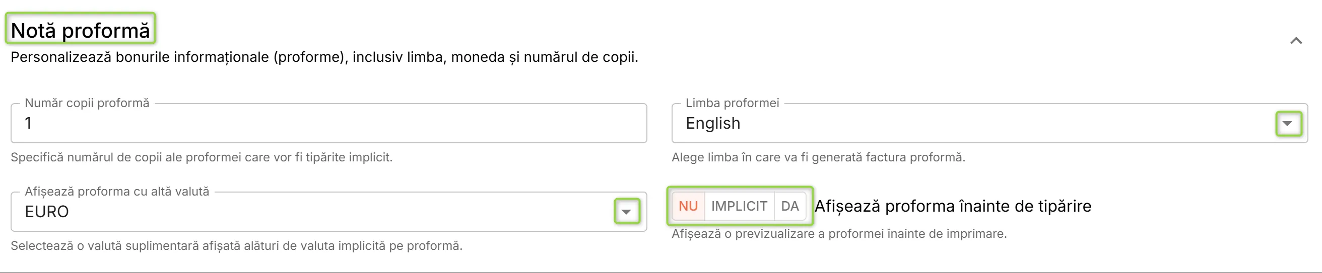 Secțiunea Notă proformă Secțiunea Notă proformă