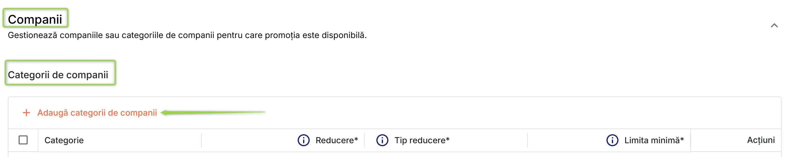 Secțiunea Companii – lista de categorii de companii participante la promoție
