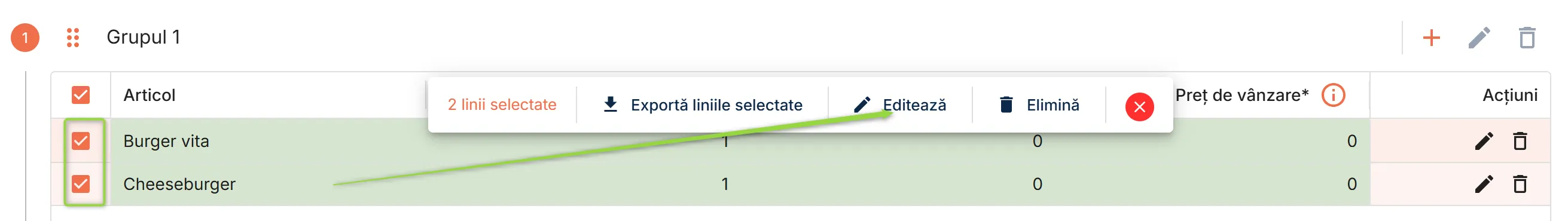Setează editarea în masă a cantității fiecărui articol din promoție