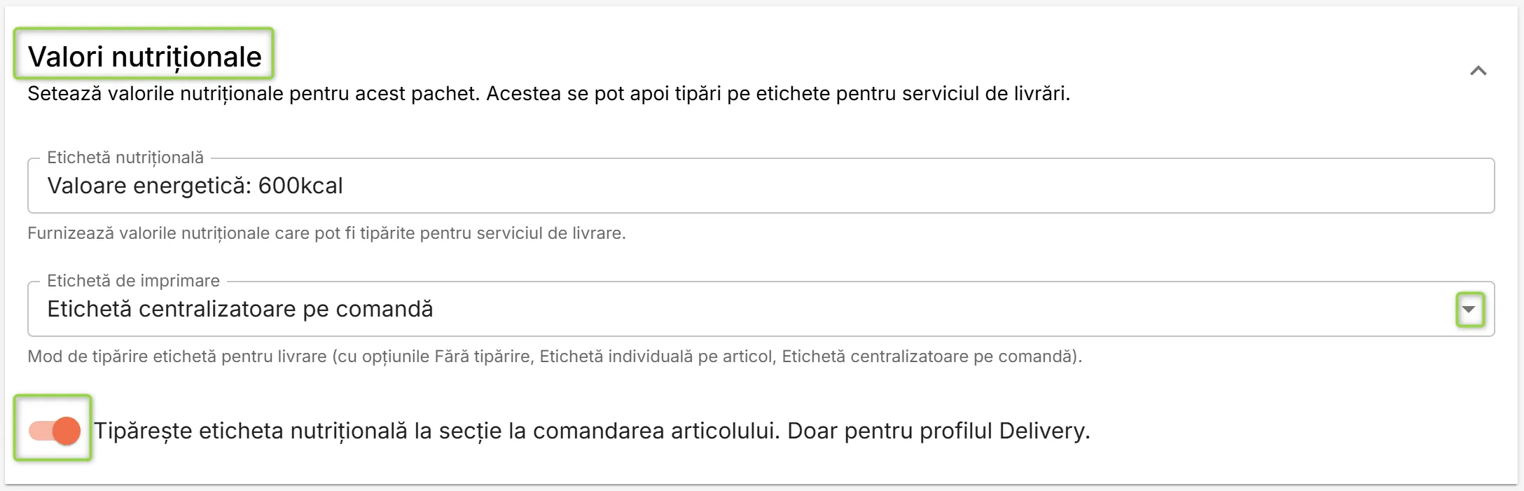 Secțiunea Valori nutriționale Secțiunea Valori nutriționale