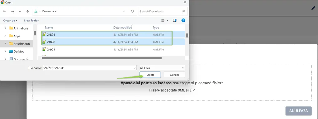 Selectează fișierele .xml cu facturile externe