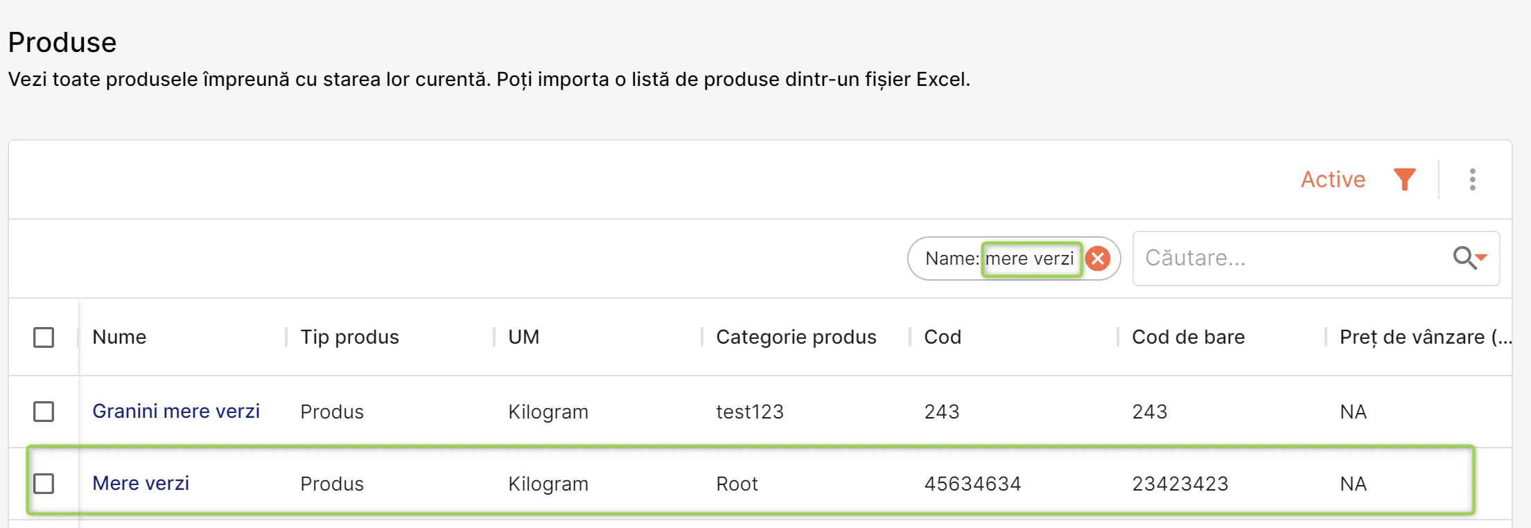 Produs importat regăsit în lista de produse a MyBusiness
