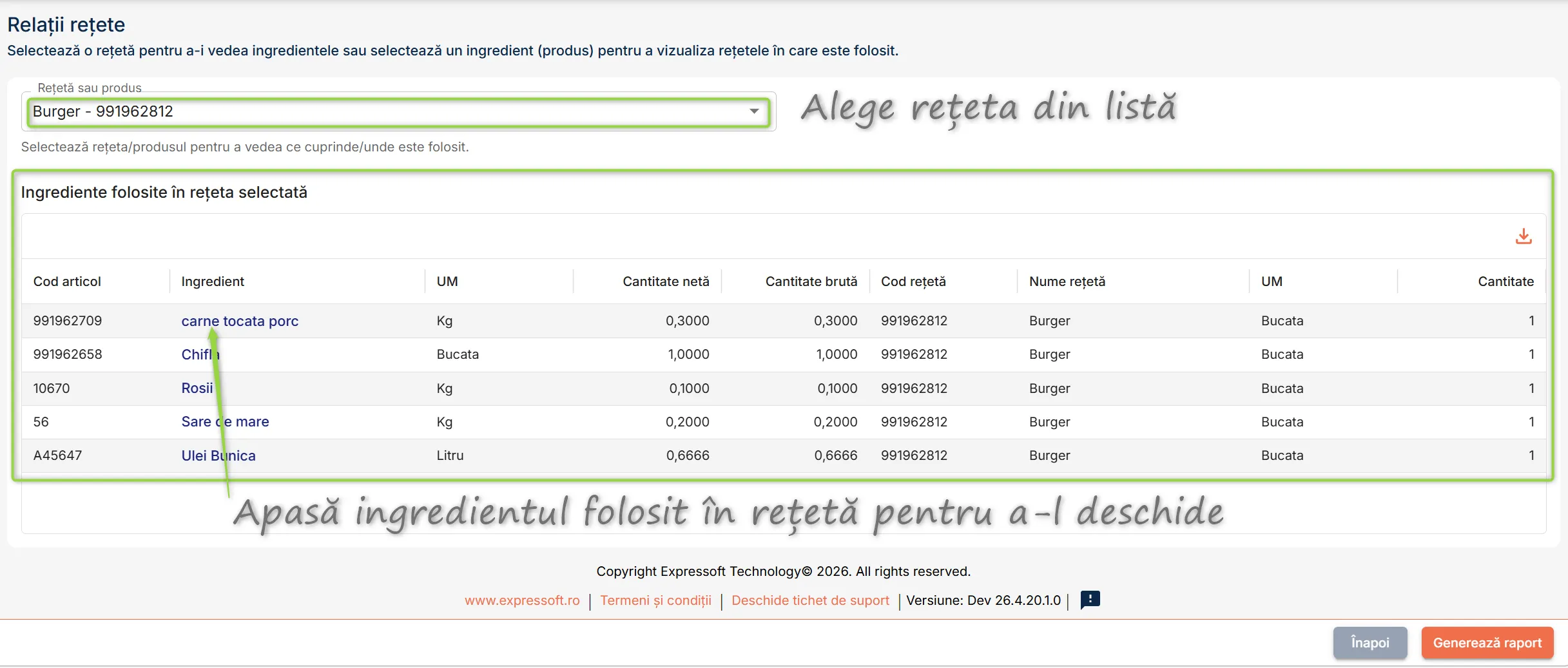 Secțiunea Ingrediente folosite în rețeta selectată