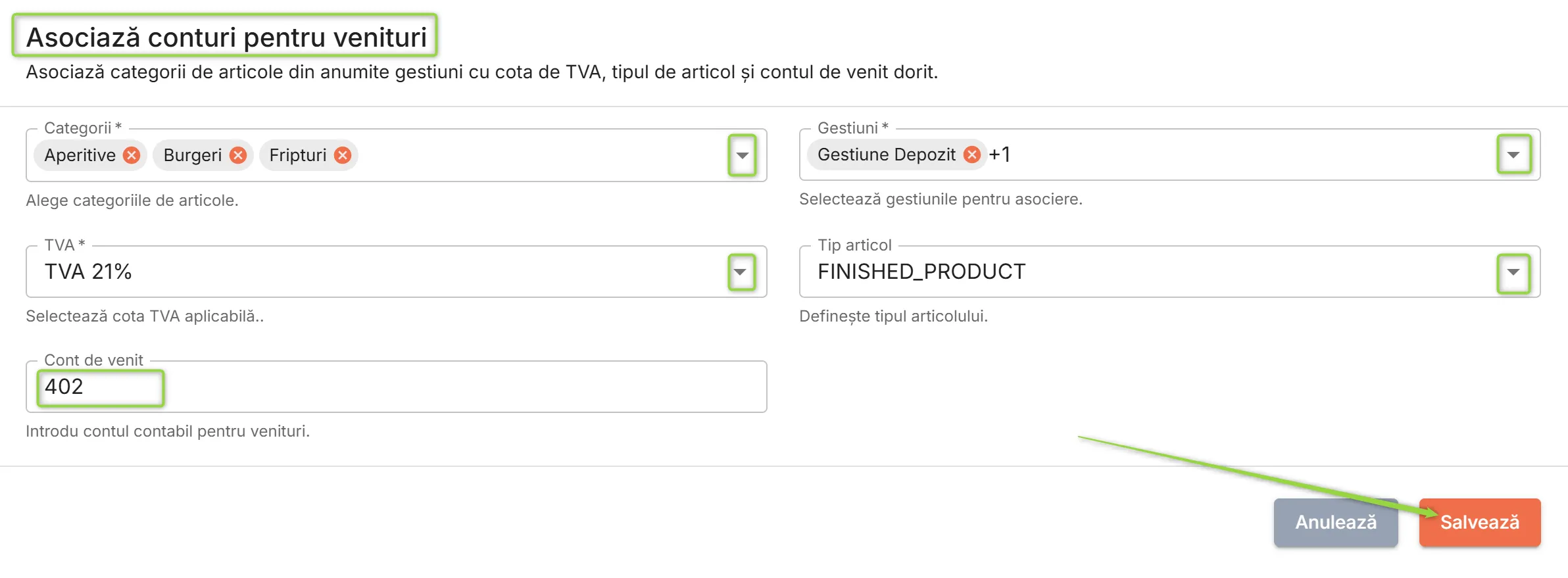 Asociază conturi pentru venituri