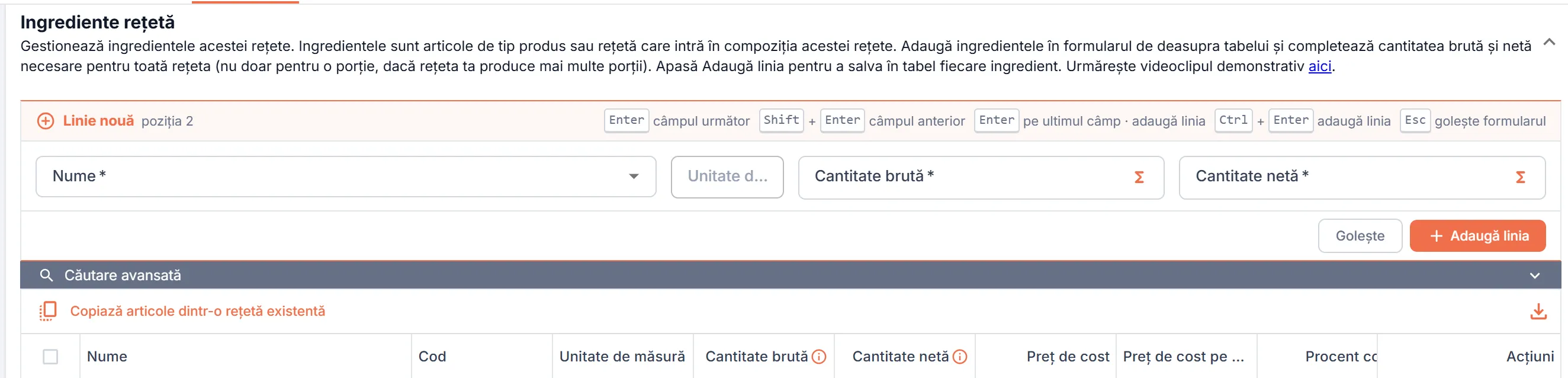 Formularul de adăugare ingrediente la rețetă