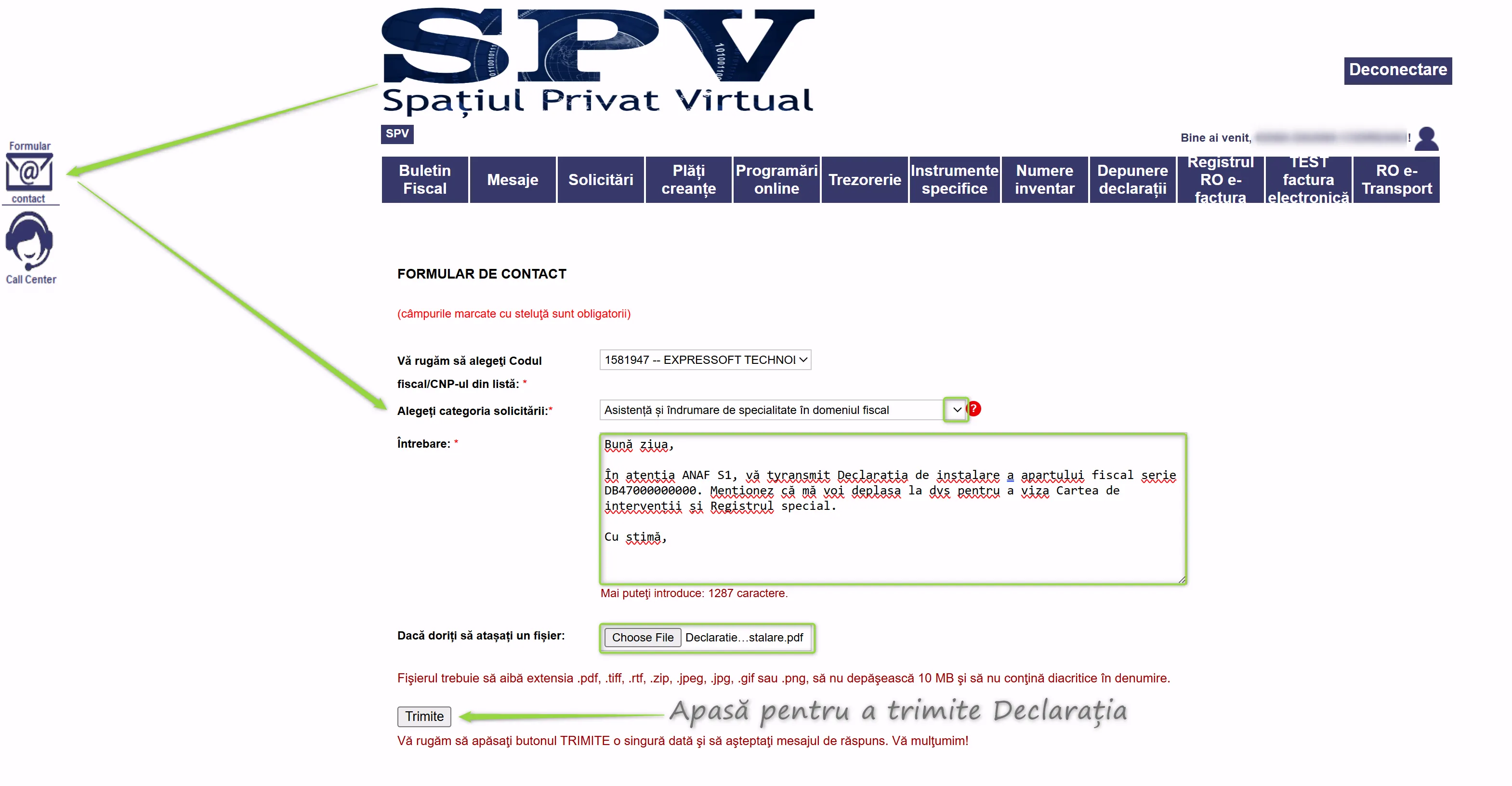 Trimite Declarația de instalare