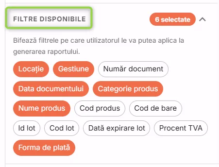 Secțiunea Filtre disponibile