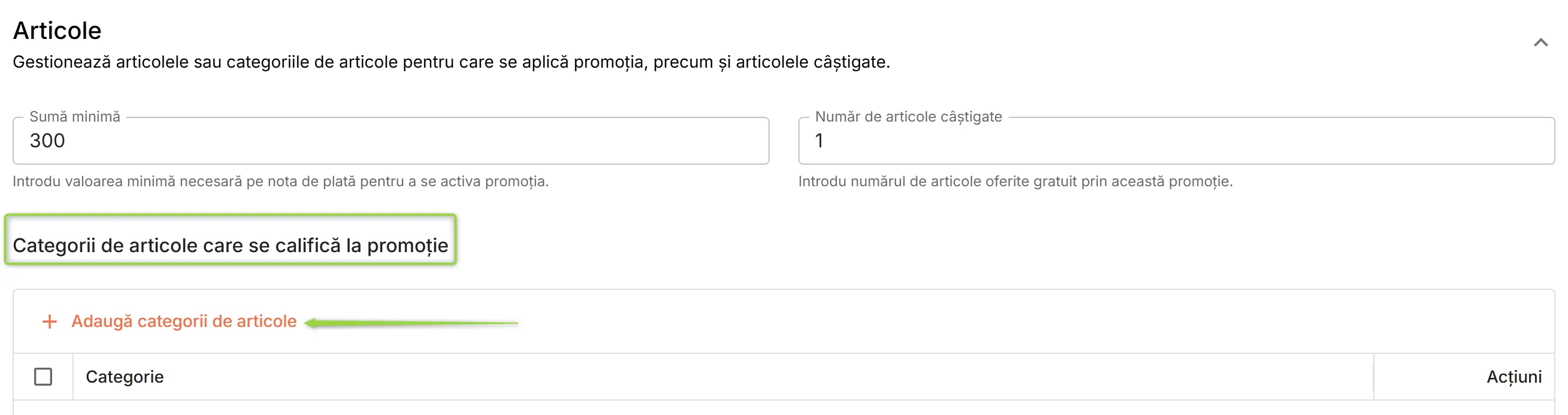 Secțiunea Articole – Adăugare categorii de articole pentru calificare