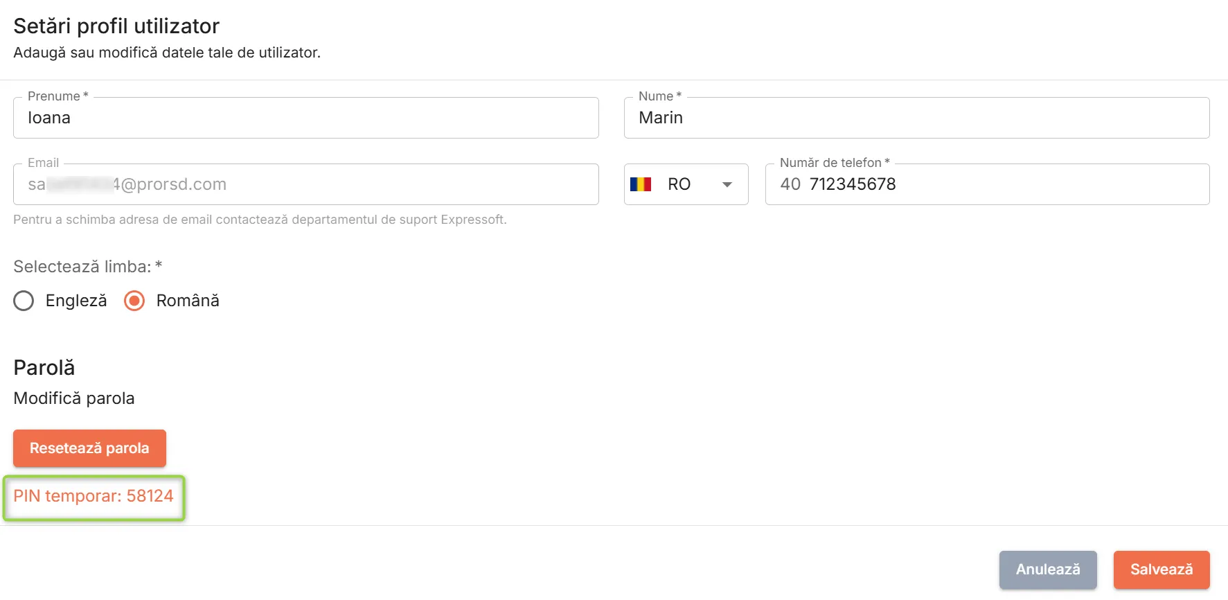 PIN temporar afișat în pagina de profil a utilizatorului respectiv PIN temporar afișat în pagina de profil a utilizatorului respectiv