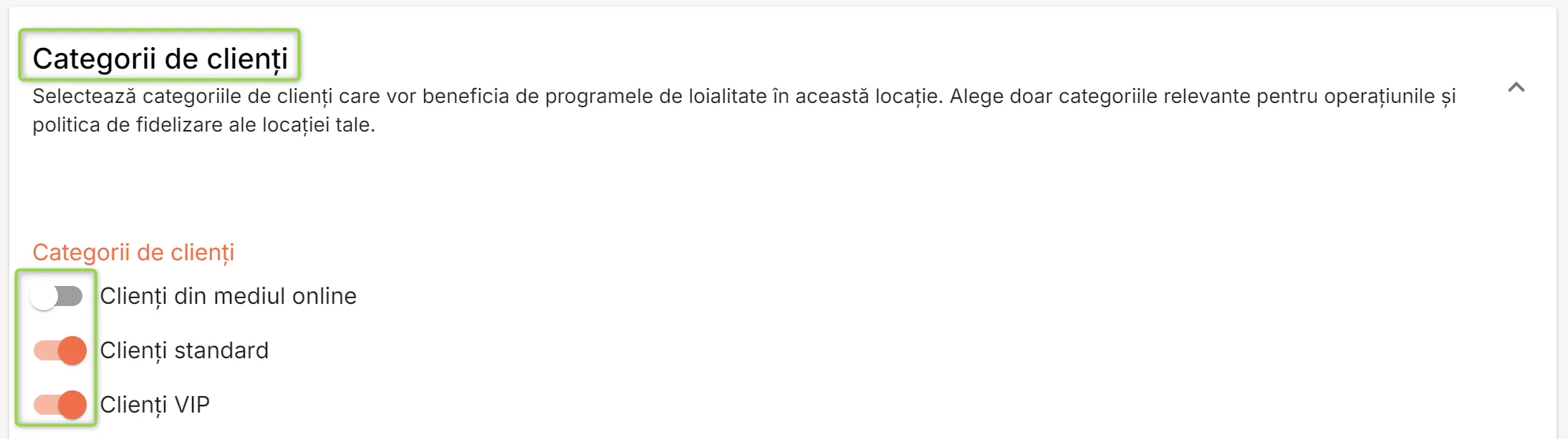 Secțiunea Categorii de clienți
