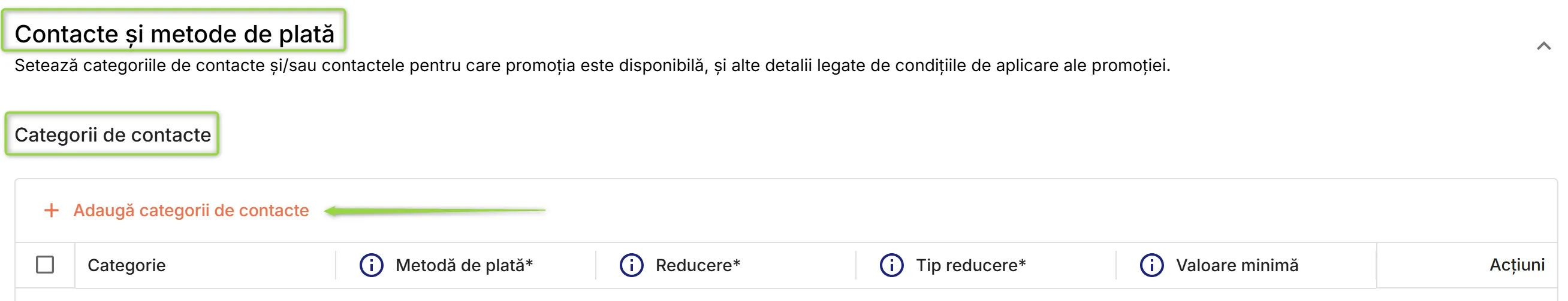 Secțiunea Contacte și metode de plată – lista de categorii de contacte participante la promoție