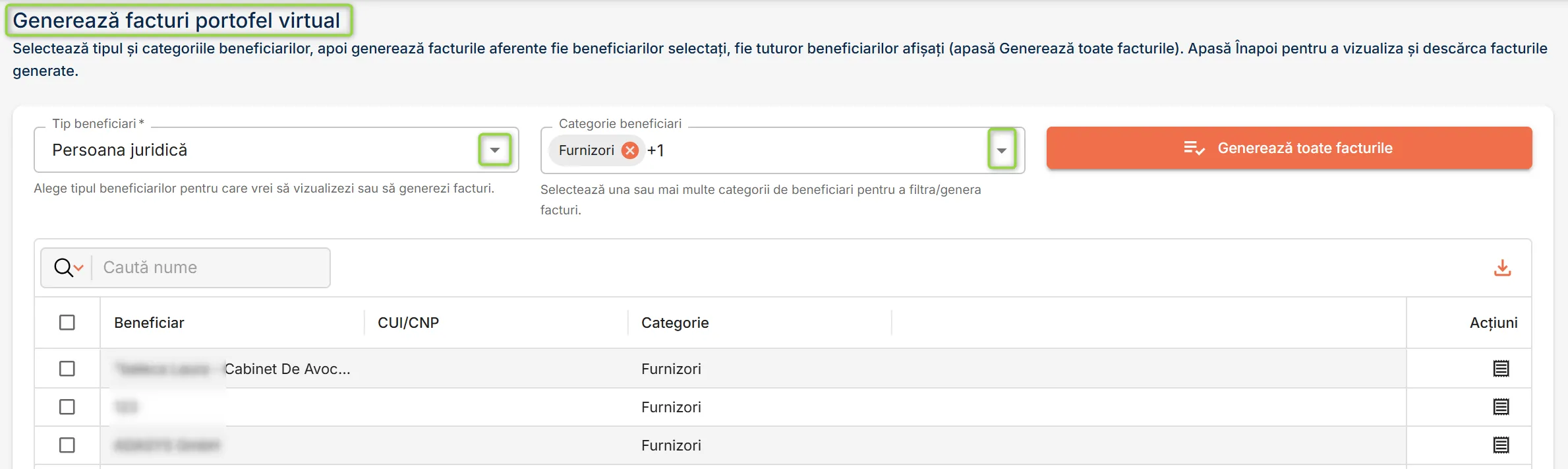 Pagina Generare facturi portofel virtual Pagina Generare facturi portofel virtual