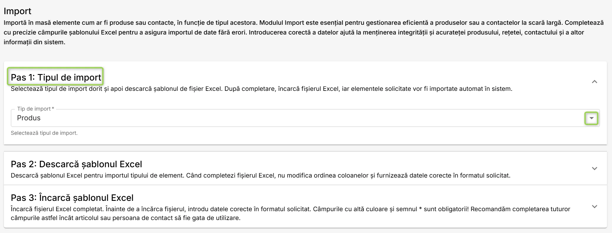 Secțiunea Tipul de import