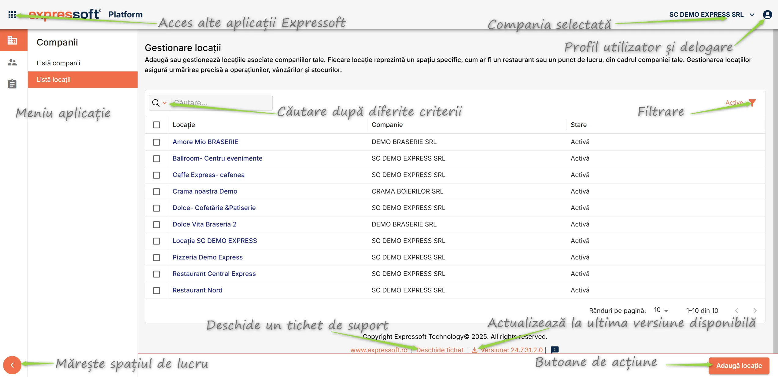 Interfața aplicației Expressoft Platform