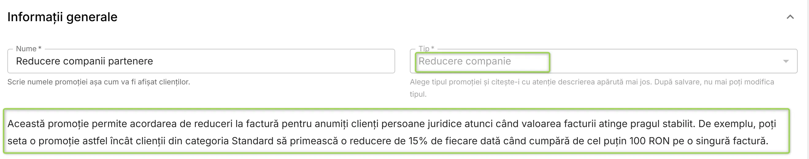 Promoție de tip Reducere companie