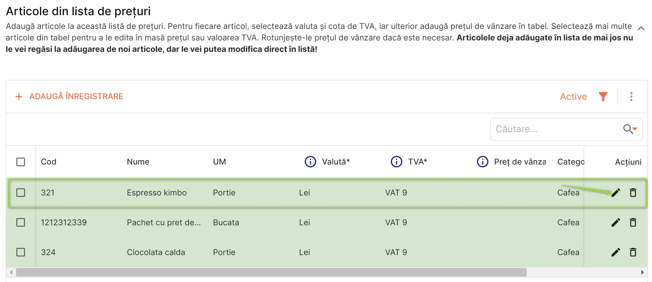 Editează articolele din lista de prețuri