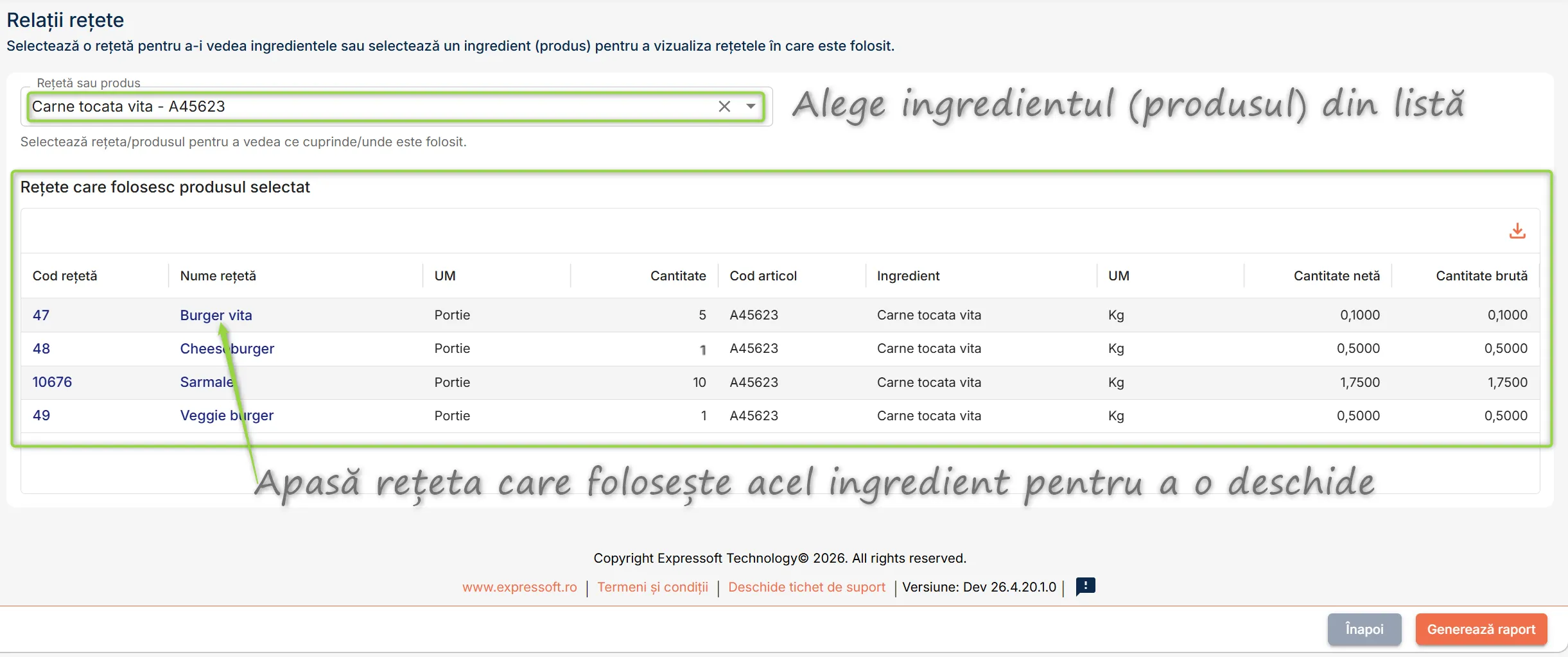 Secțiunea Rețete care folosesc produsul selectat