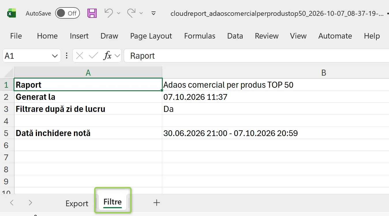 Filtrele afișate în rapoartele exportate în Excel Filtrele afișate în rapoartele exportate în Excel