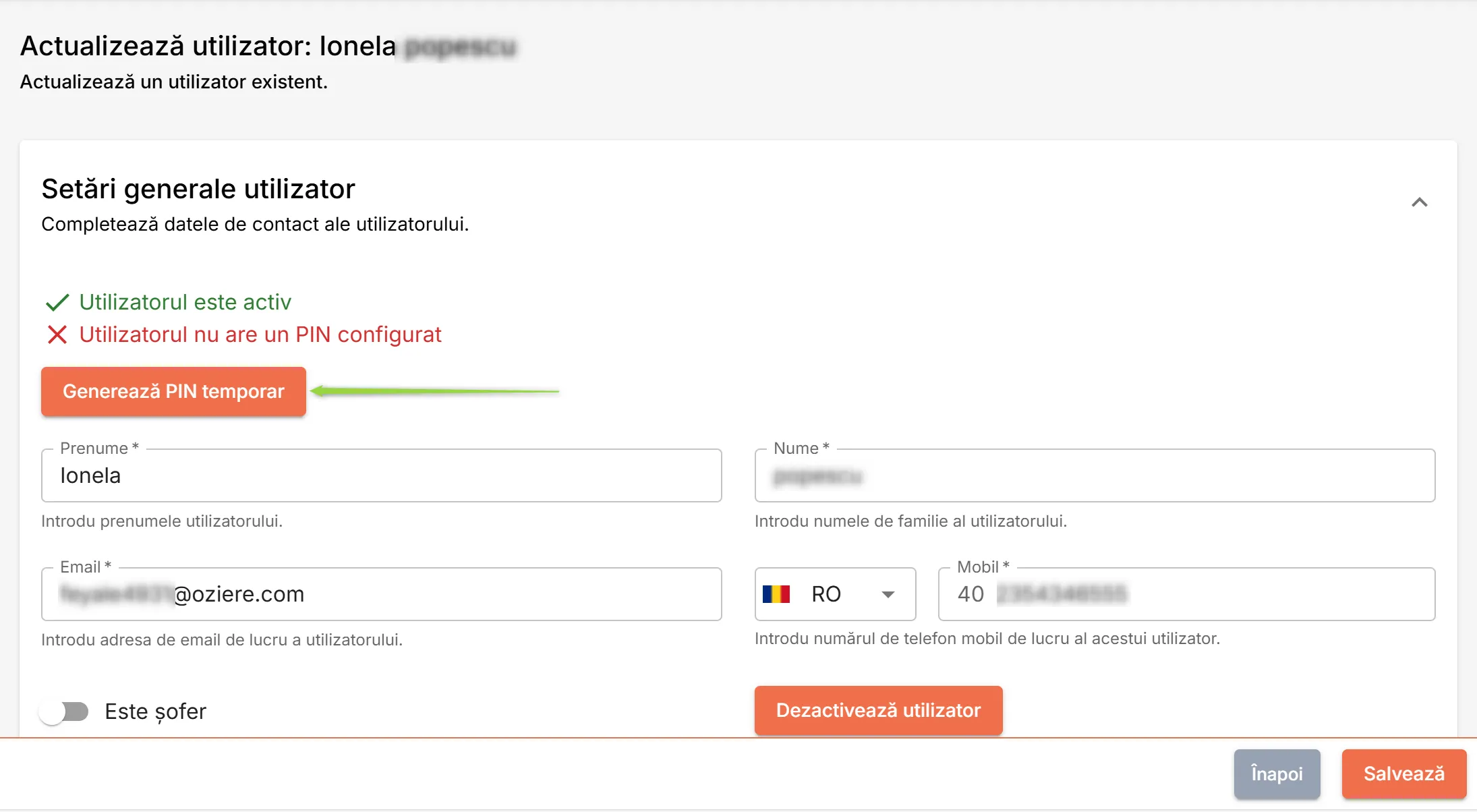 Generează cod PIN temporar