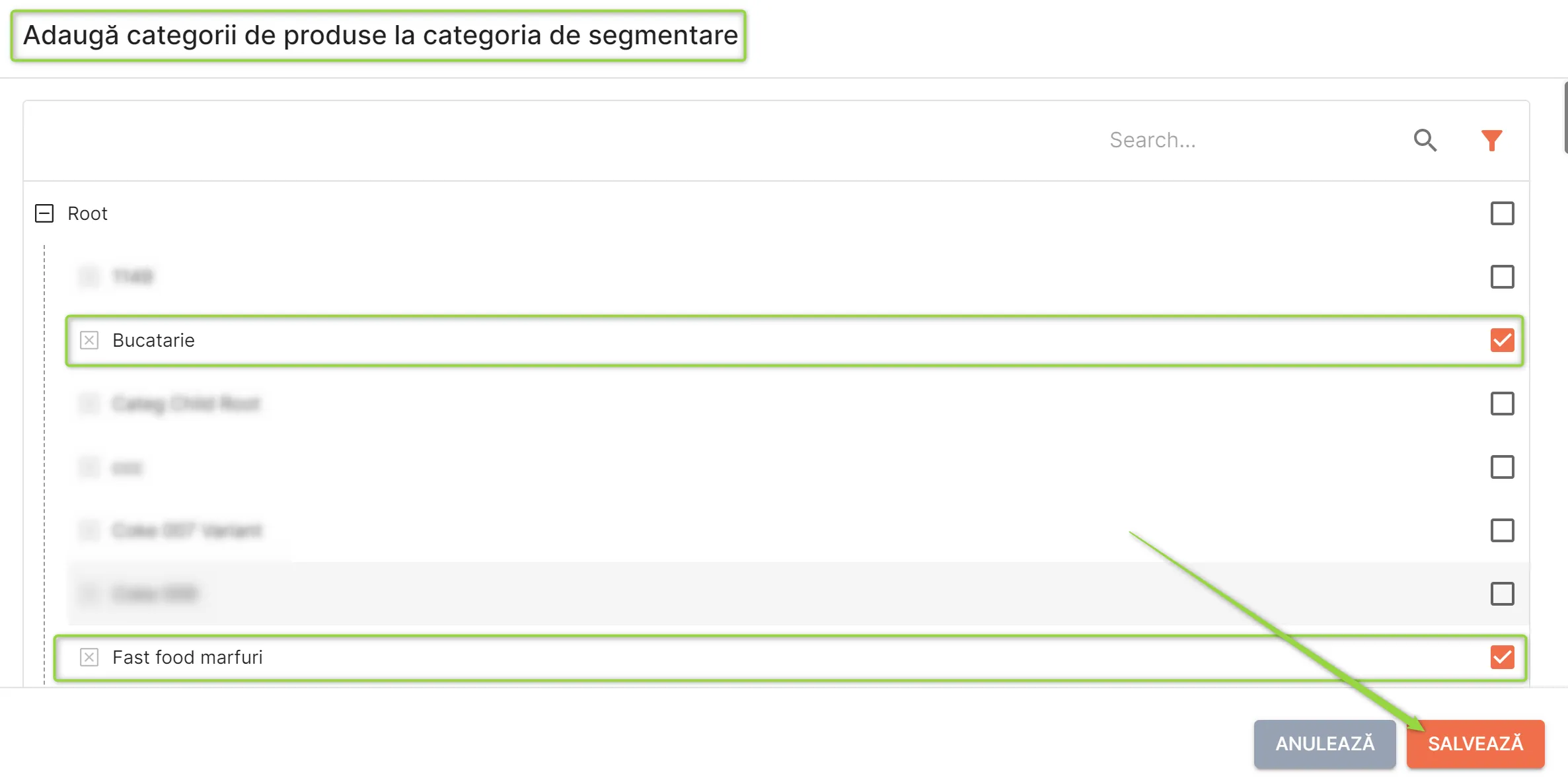 Adaugă categorii de produse la categoria de segmentare