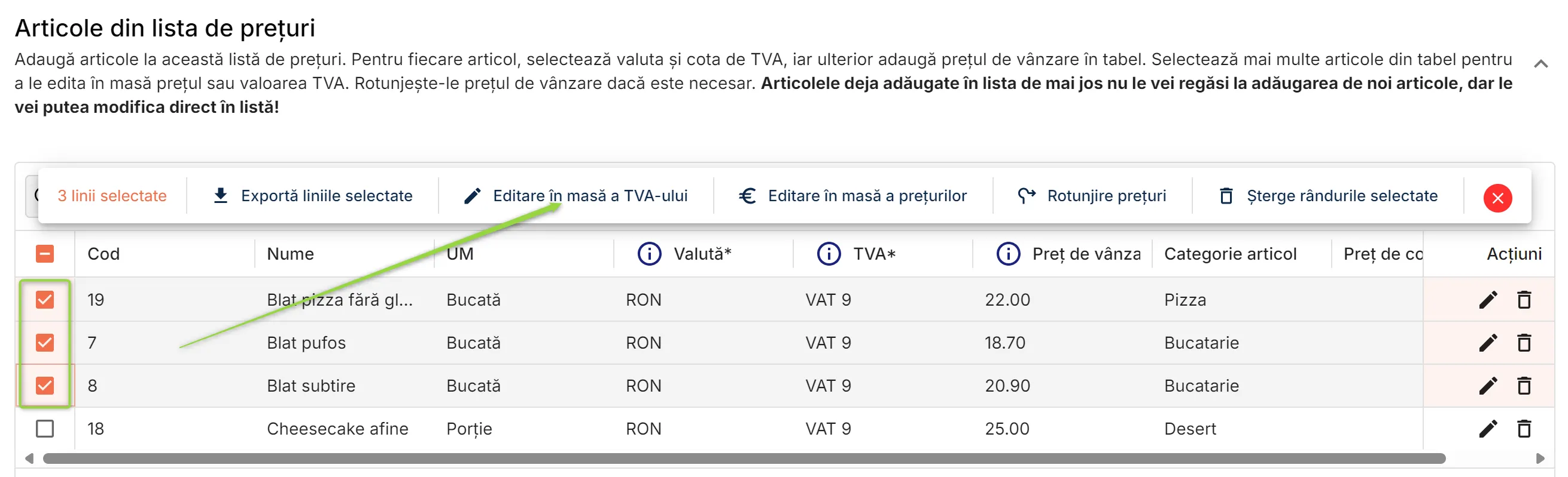 Editare în masă a TVA-ului