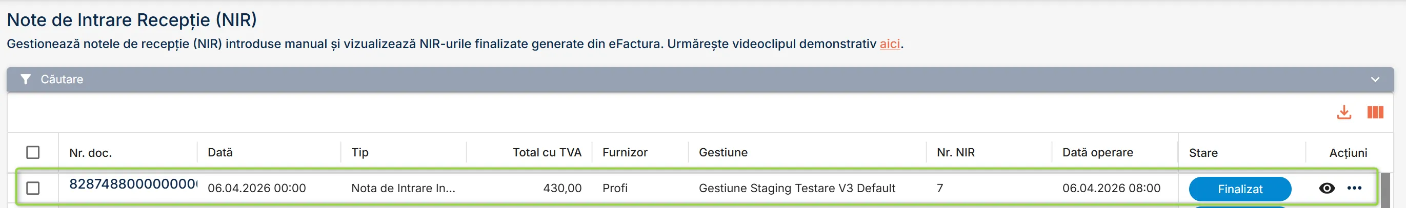 Documentul NIR creat automat de sistem în urma importului de stocuri inițiale