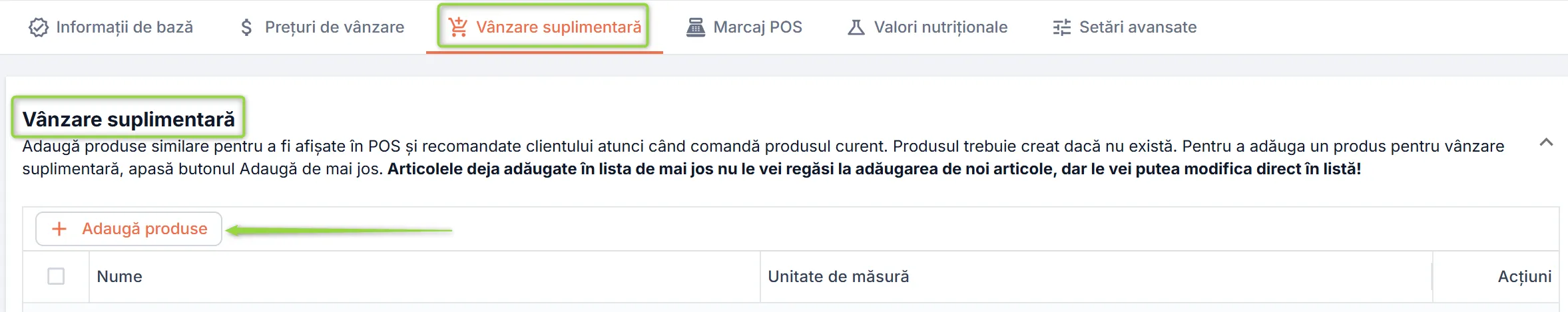 Secțiunea Vânzare suplimentară Secțiunea Vânzare suplimentară