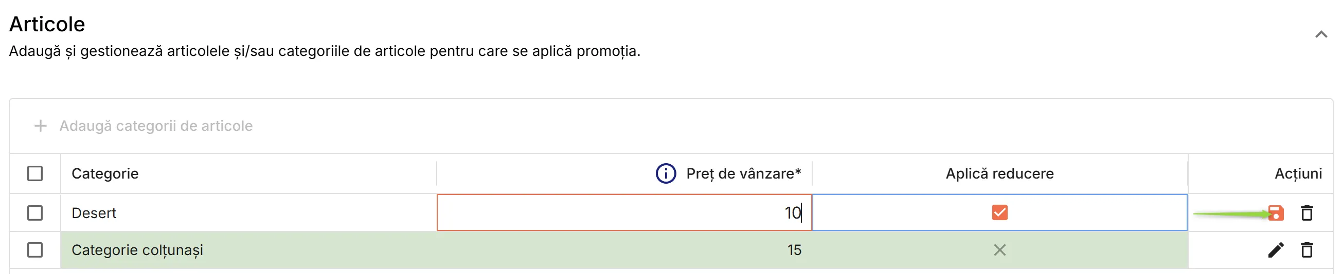 Definire preț de vânzare pentru categoriile de articole selectate