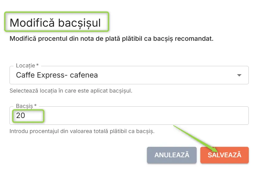 Modifică bacșiș
