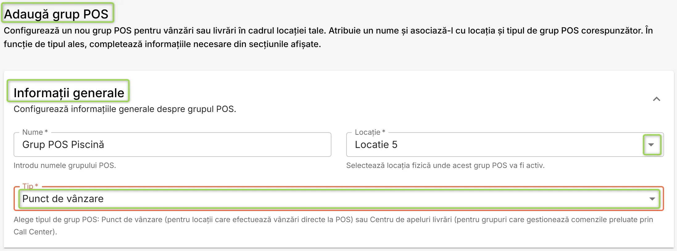 Secțiunea Informații generale