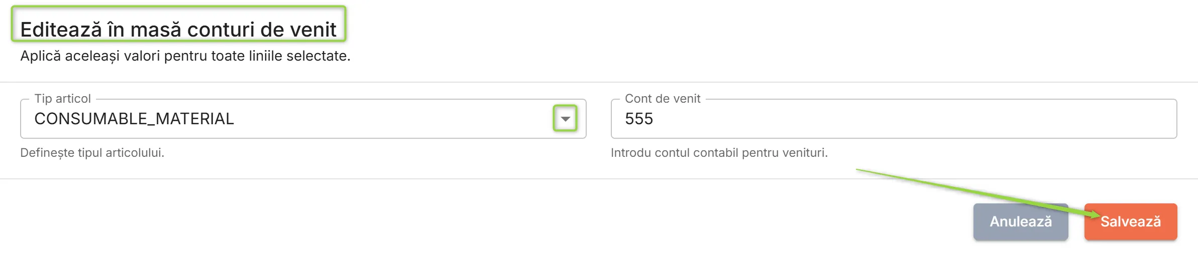 Editează în masă conturi de venit