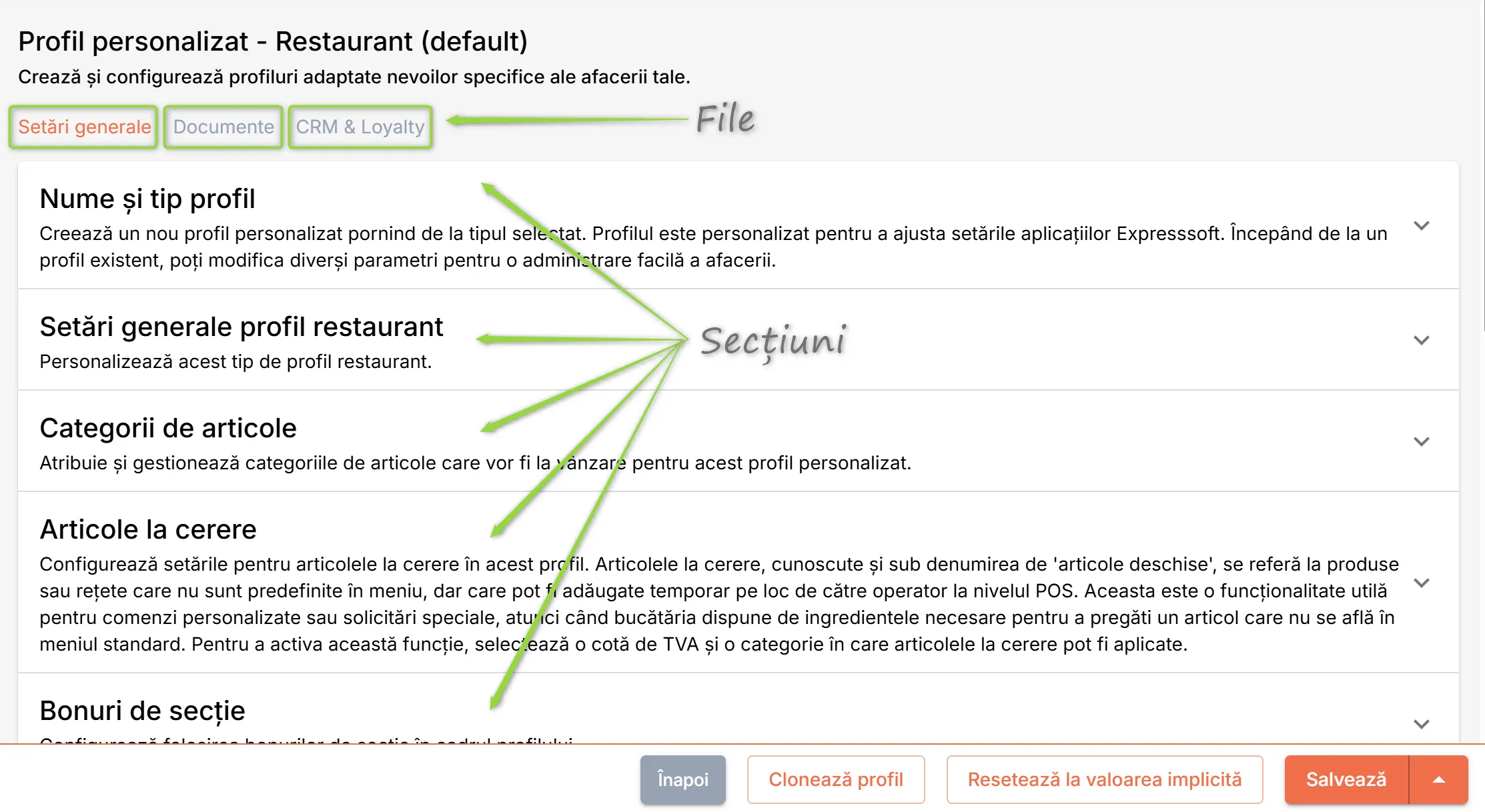 Filele și secțiunile cu configurările unui profil