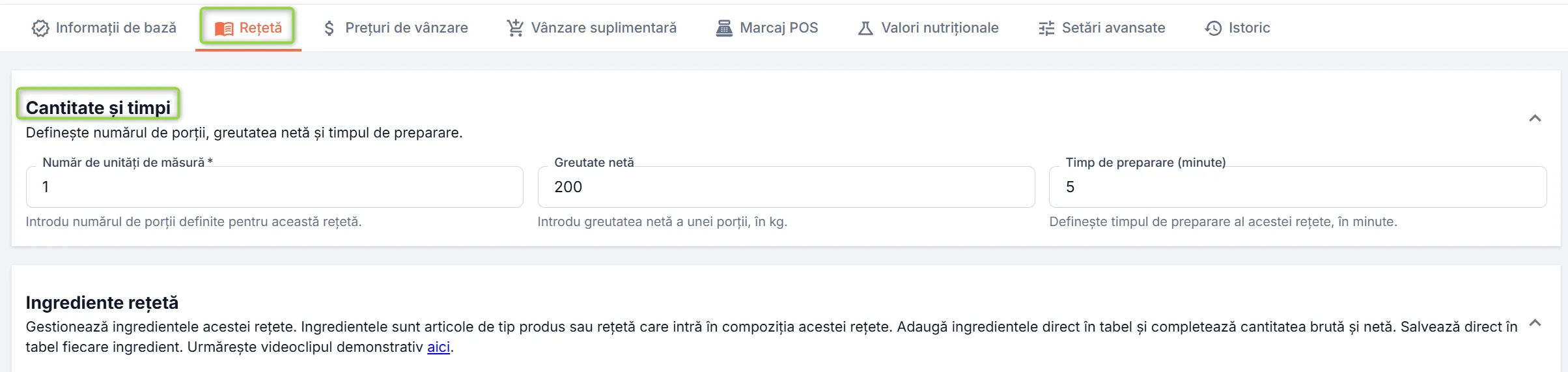 Secțiunea Cantitate și timpi