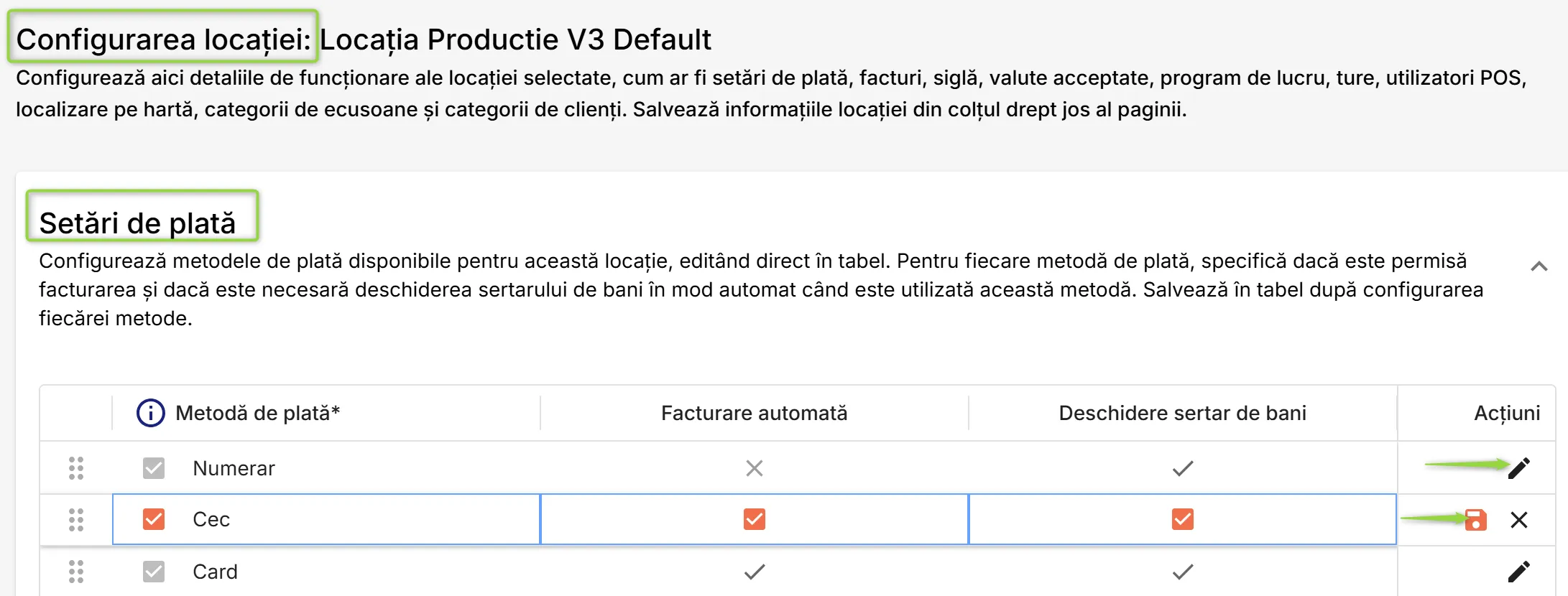 Configurează metodele de plată disponibile în locație
