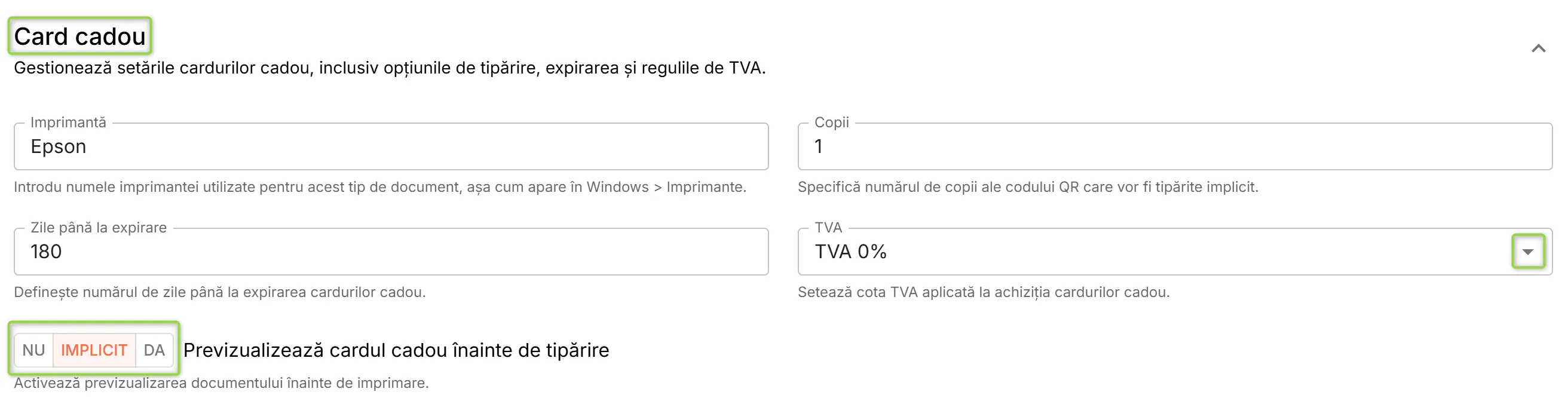Secțiunea Card cadou Secțiunea Card cadou