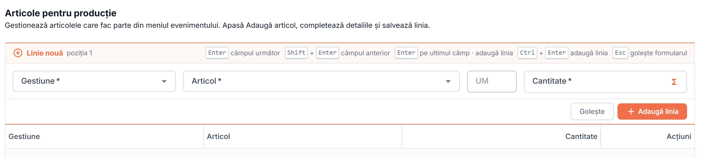 Formularul Linie nouă din secțiunea Articole pentru producție