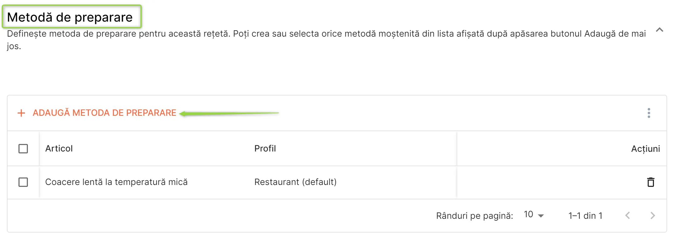 Secțiunea Metodă de preparare