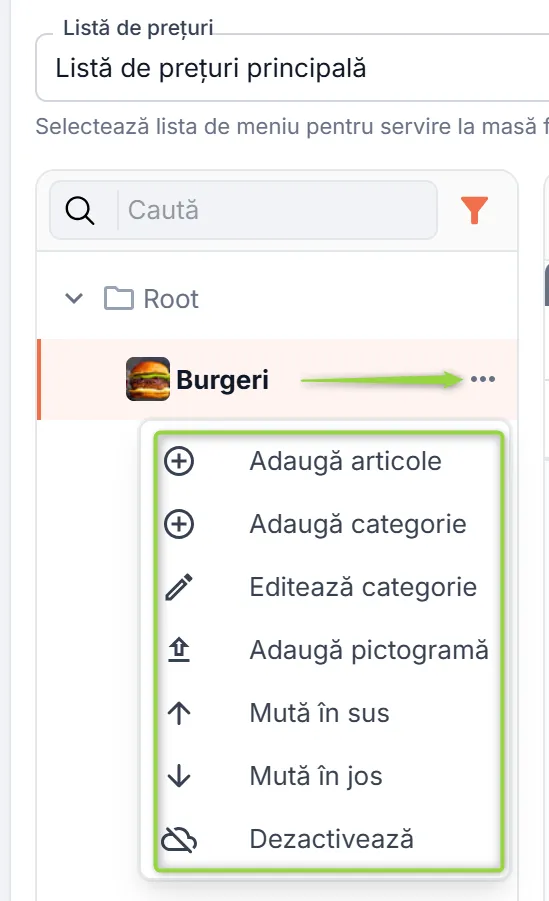 Acțiuni disponibile pe categorie