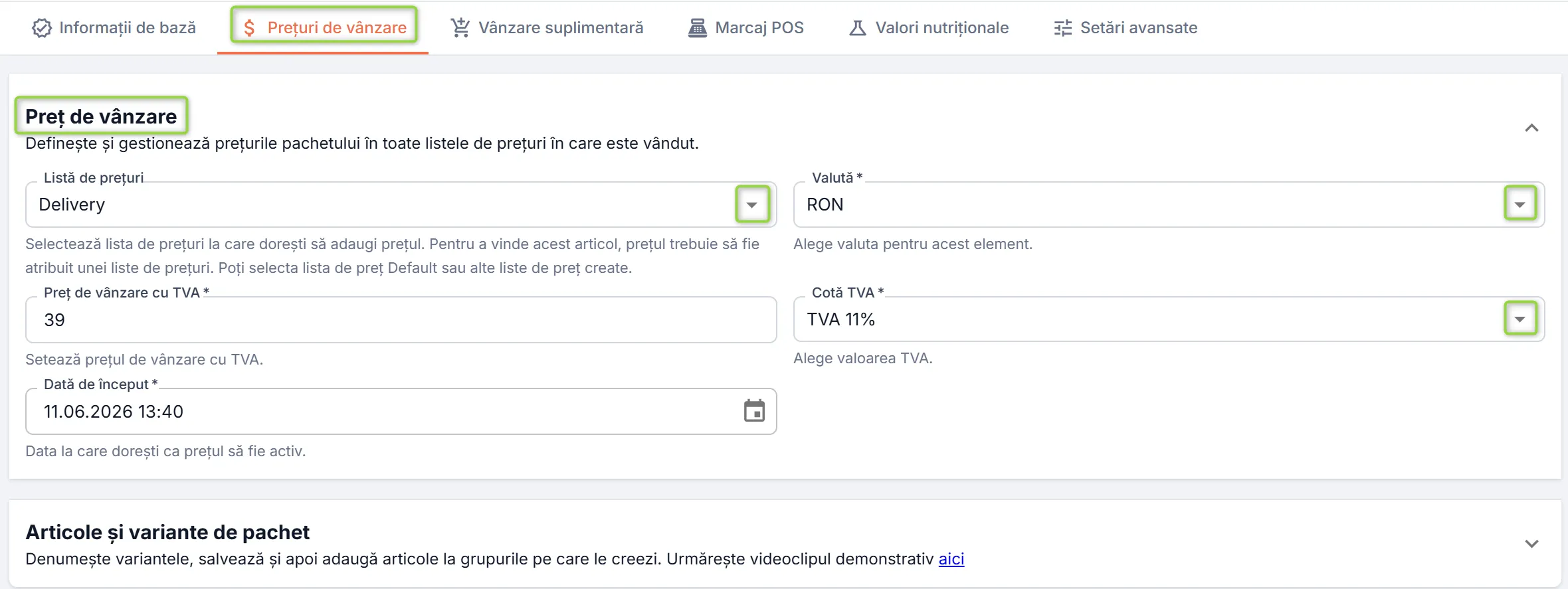 Secțiunea Preț de vânzare Secțiunea Preț de vânzare