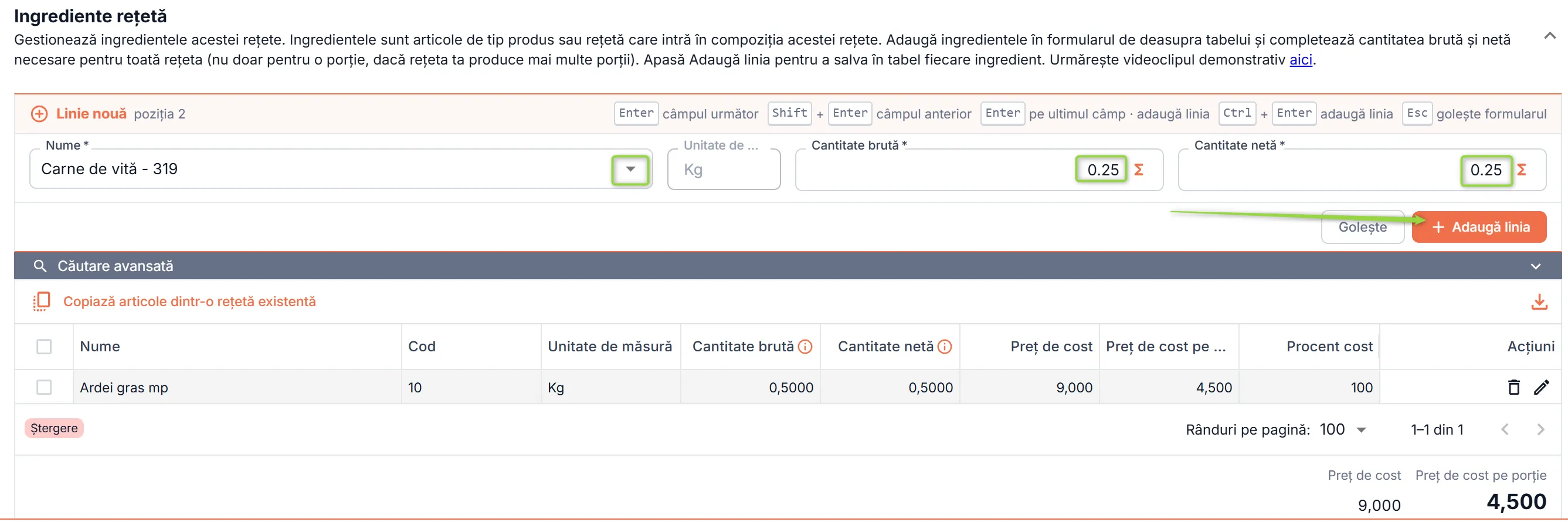 Alege ingredientul, introdu cantitatea brută și ajustează cantitatea netă, dacă e cazul