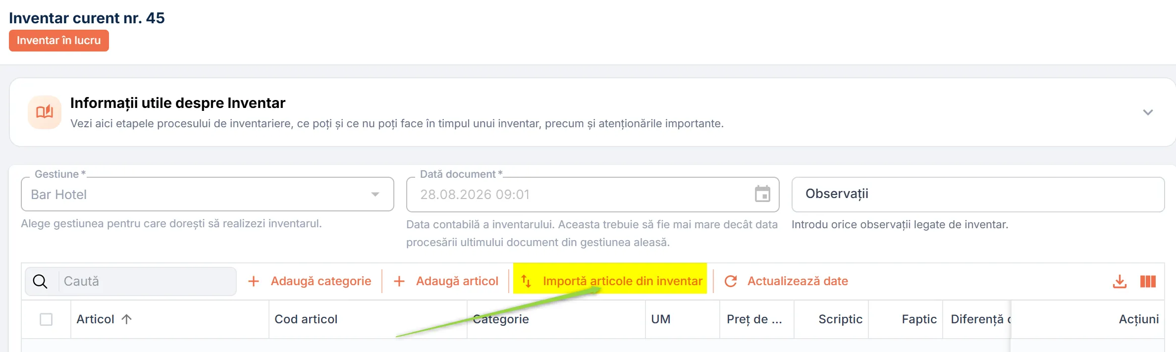 Importă articole din inventar