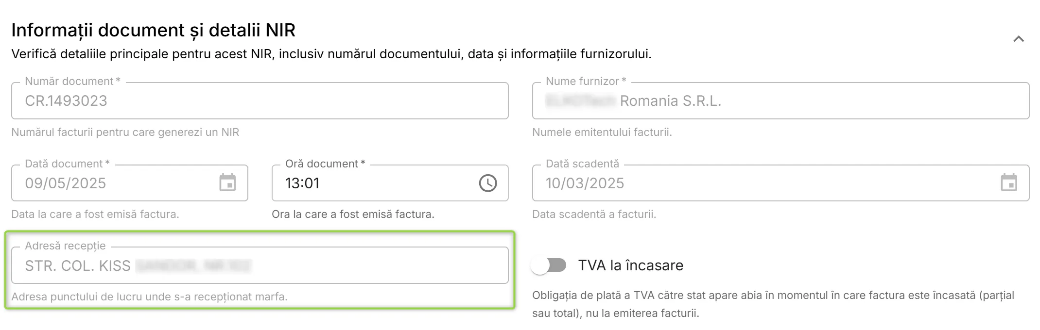 Adresă de recepție în detaliile NIR