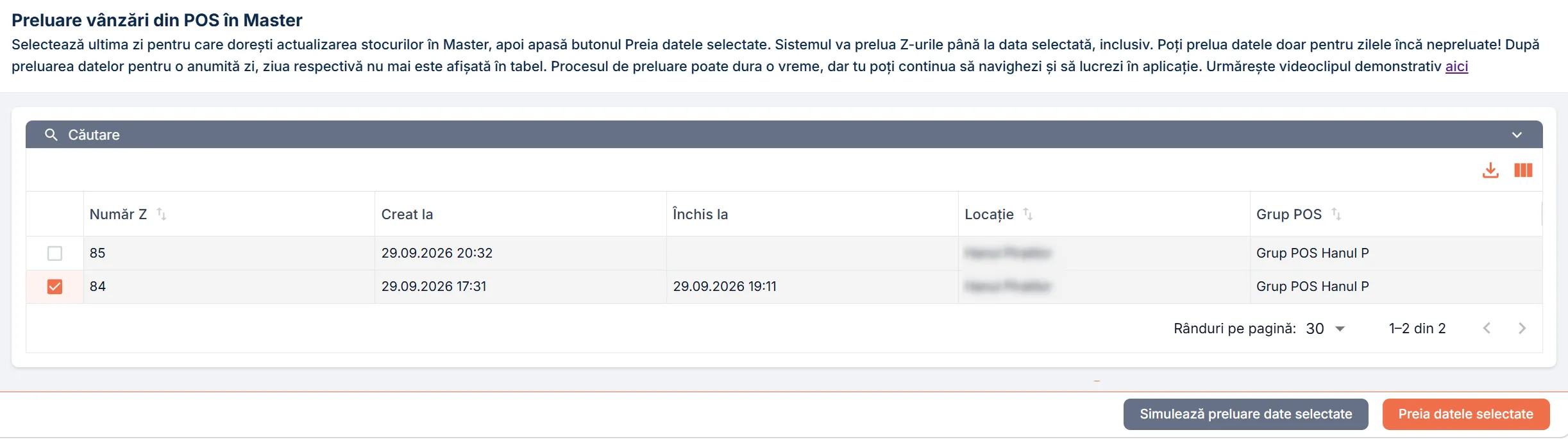 Pagina Preluare vânzări din POS Pagina Preluare vânzări din POS