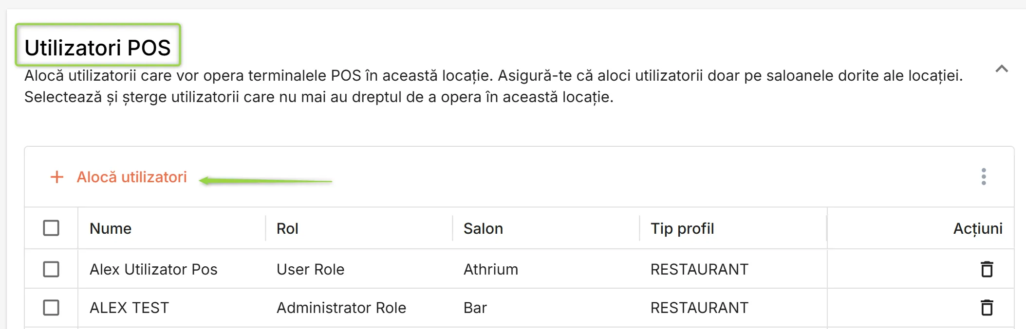 Secțiunea Utilizatori POS