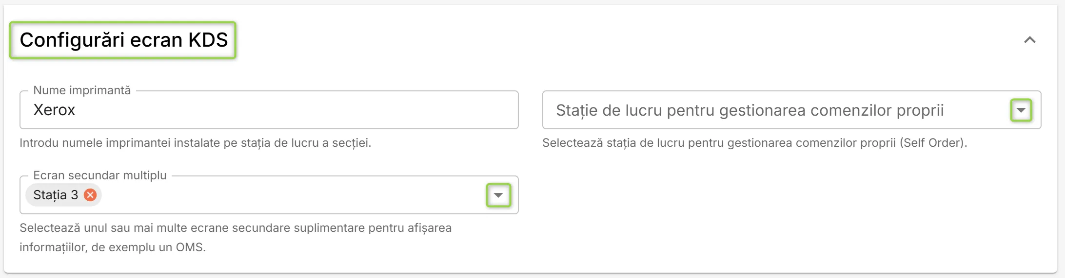 Secțiunea Configurări ecran KDS Secțiunea Configurări ecran KDS
