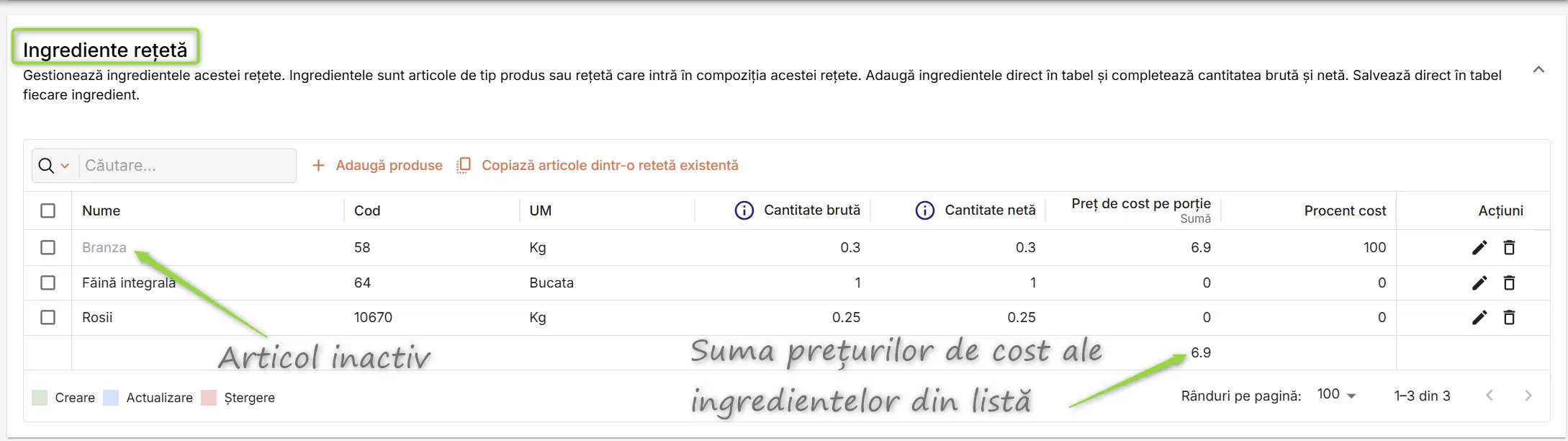 Secțiunea Ingrediente rețetă