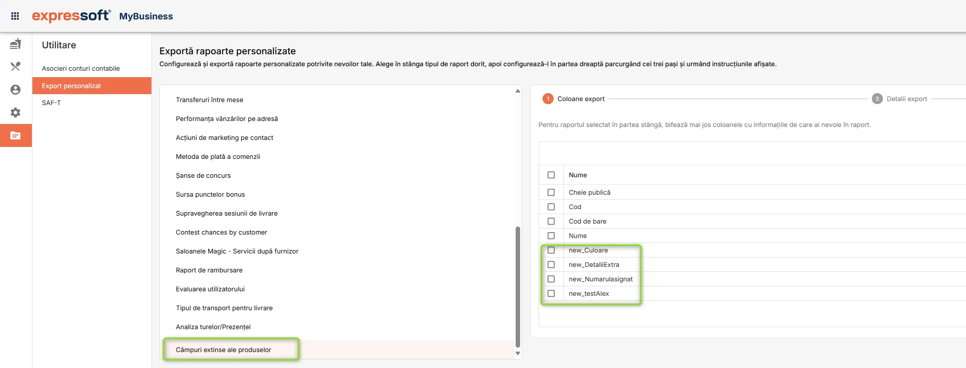 Export personalizat - Câmpuri extinse ale produselor